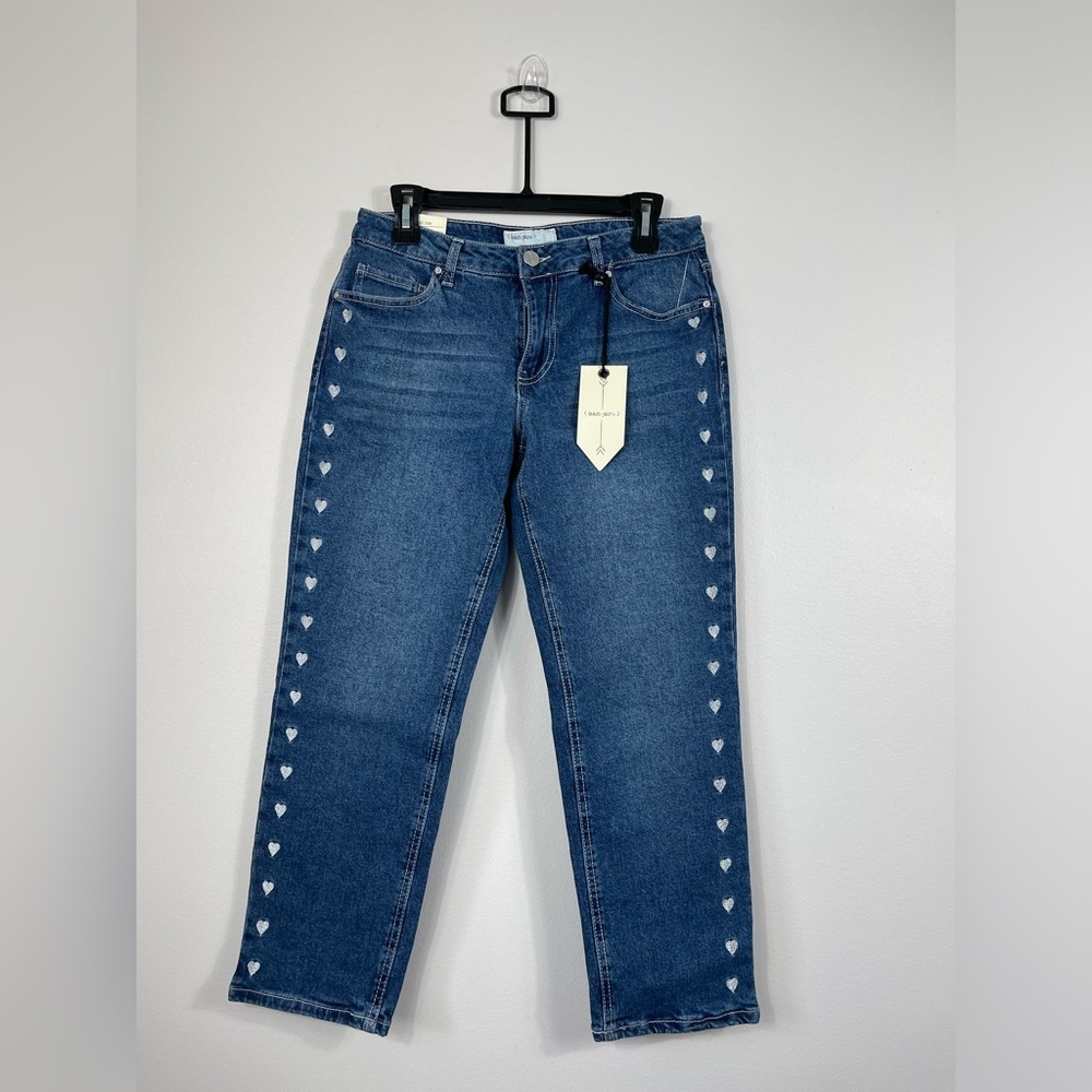 Heart-Embellished Blue Jeans Embroidery Love Cotton Mid-Rise Denim Size 9/28 NWT